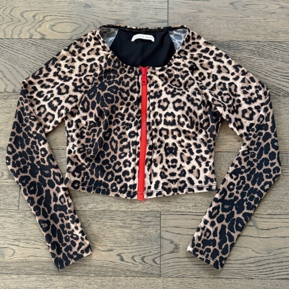 Veronica Beard Misali Leopard Print Long Sleeve Zip Up Rashguard Top